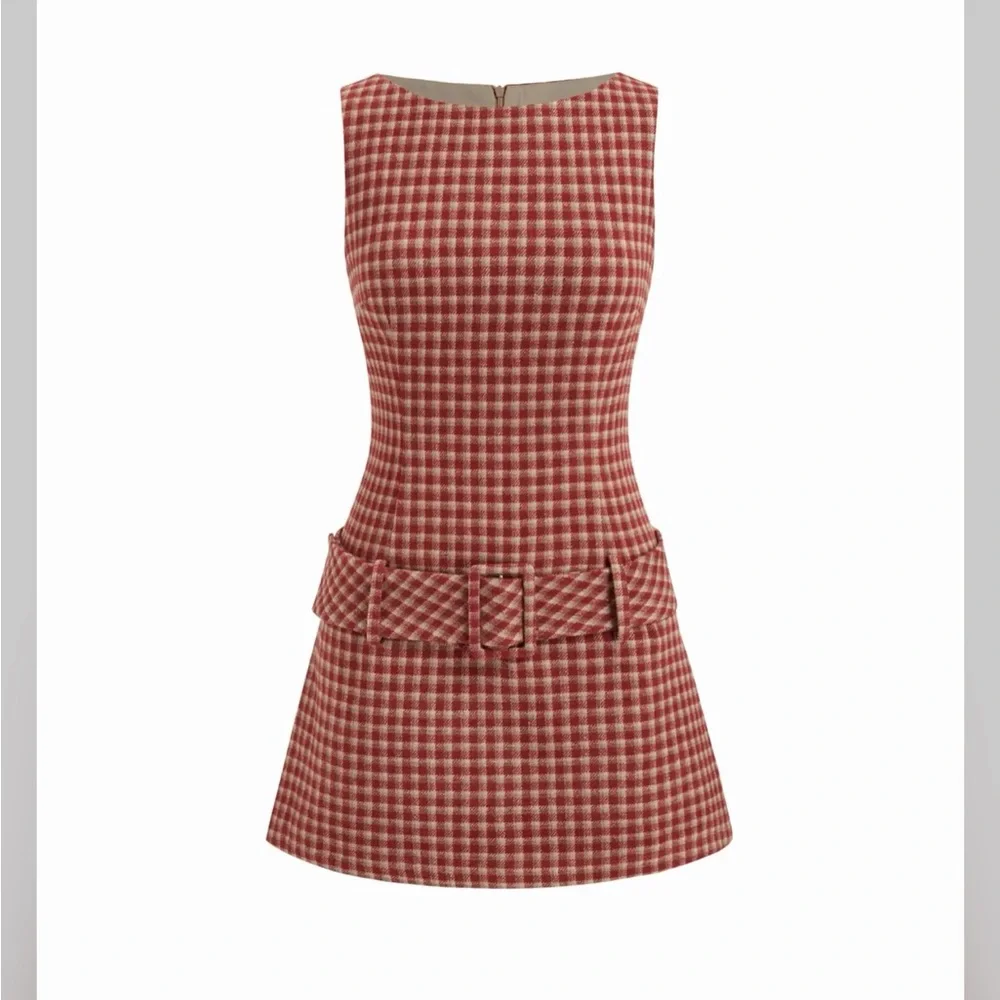 Cider BOAT NECK HOUNDSTOOTH BELTED MINI DRESS S RP-7 - Picture 2 of 8